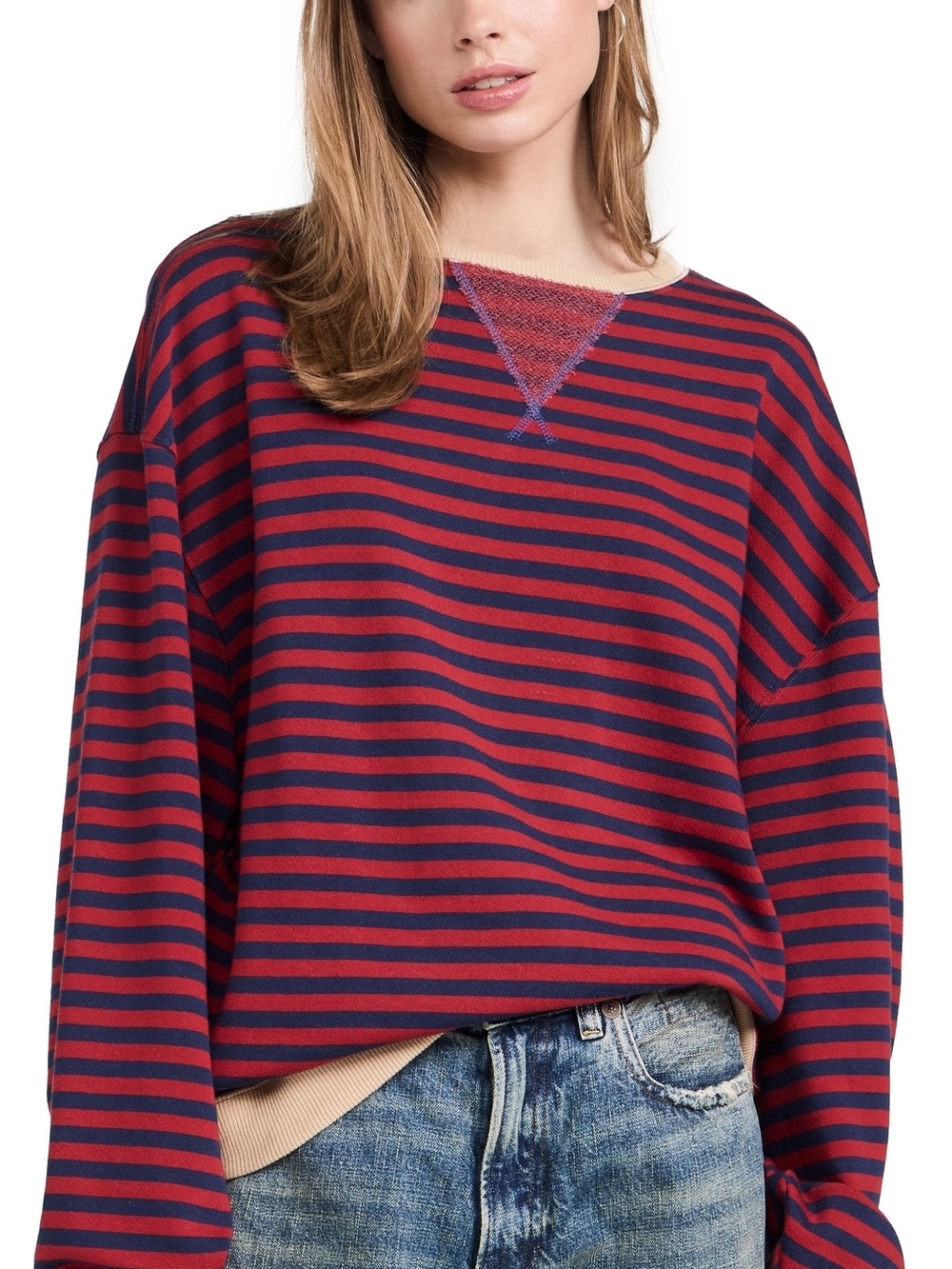 Free People Red and Navy Striped Long Sleeve Tee